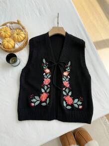 SHEIN EZwear Plus Size Women Floral Embroidery Front Tie Knit Vest Autumn Winter Clothes For Women - Black - View 7