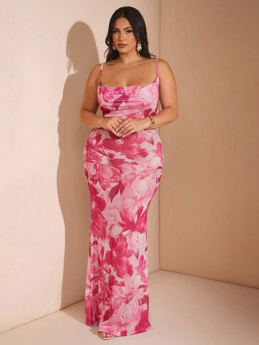 SHEIN BAE Váy hoa 3D hở vai màu trắng thanh lịch cỡ lớn dành cho nữ, thích hợp cho kỳ nghỉ sang trọng, lễ hội âm nhạc, kỳ nghỉ bãi biển, khách dự tiệc cưới - Hồng - Xem 1