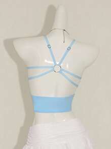 SHEIN ICON Women's Blue Lace, Sequin & Mesh Splice Front Circular Ring Tie Ruched Hollow Slim Sexy Camisole For Summer - Blue - View 3