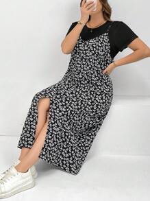 SHEIN Essnce 大码女式夏季两件套、连衣裙套装、短袖两件套、花裙套装、狂欢装扮节日飘逸连衣裙度假两件套 - 黑色 - 查看 3