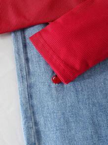 Genkimix Kids Conjunto de Moda Casual Diária Escolar para Meninas, Camisa de Manga Longa com Gola Polo Ajustada de Cor Sólida e Calça Denim de Perna Larga Solta com Cintura Elástica e Bordado de Cereja, Conjunto de Volta às Aulas, Todas as Estações - Vinho - Visão 5