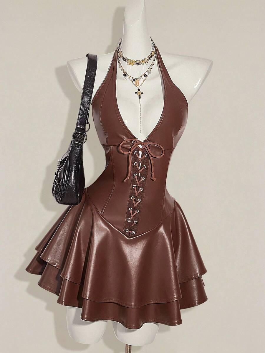 SHEIN ICON Women's Y2k Fashionable Gyaru Concert Women Outfit Club Party Festival Rave Outfit Y2k Going Out Cross Strap PU Leather Open Back Mini Halter Black Dress