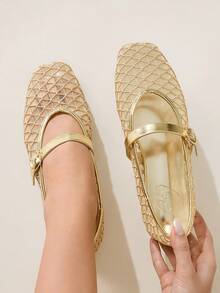 CUCCOO CHICEST 女士网眼圆头平底优雅休闲棕色网眼玛丽珍平底鞋，适合喝茶、约会、休闲装、校园风格、舞会 - 金色 - 查看 7