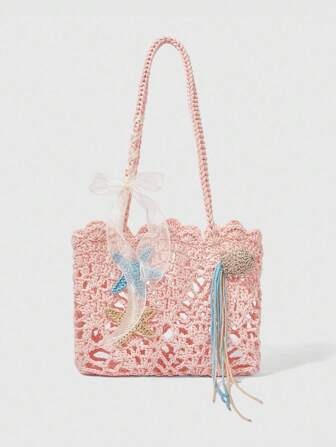 Kawaii Bolsa de un hombro estilo bohemio hecha a mano con decoración de estrellas de mar, bolso de playa para vacaciones