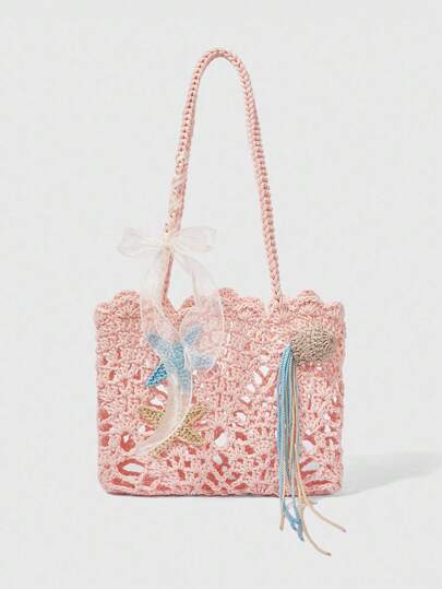 Kawaii Borsa a spalla da donna in stile bohémien, realizzata a mano all'uncinetto con decorazione a stelle marine, borsa da spiaggia per vacanze