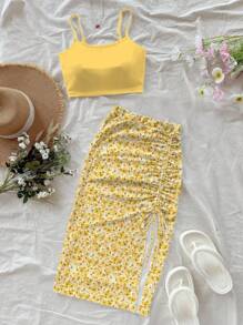 Soleia 女式短款吊带背心和高开叉抽绳腰裙套装，适合夏季度假，黄色碎花图案，加大码