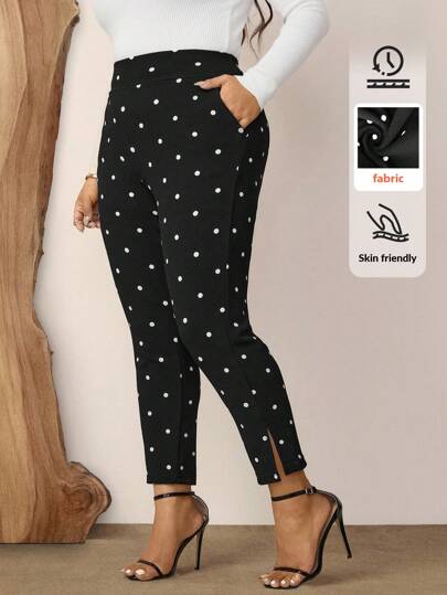 Zelara Pantalones casuales con bolsillos y aberturas laterales con estampado de lunares para mujer de talla grande, ideales para vacaciones, Año Nuevo, Día de San Valentín y uso casual en la oficina