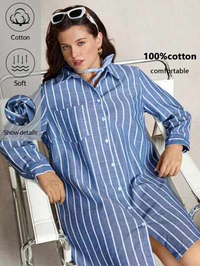Zelara Plus Size Blue And White Striped Knee-Length Fall Dresses With Open Shirt Collar Baby Blue Dress Women Dress With Sleeves Blue Homecoming Dress Comfortable Cotton Business Casual Woman Work Dress Business Dress Navycore Outfits