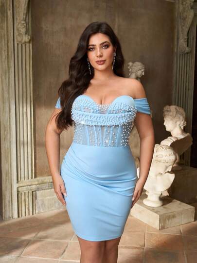 Aureia Plus Size Knit Fabric Light Blue Computer Beaded Off Shoulder Fishtail Hem Elegant Party Dress