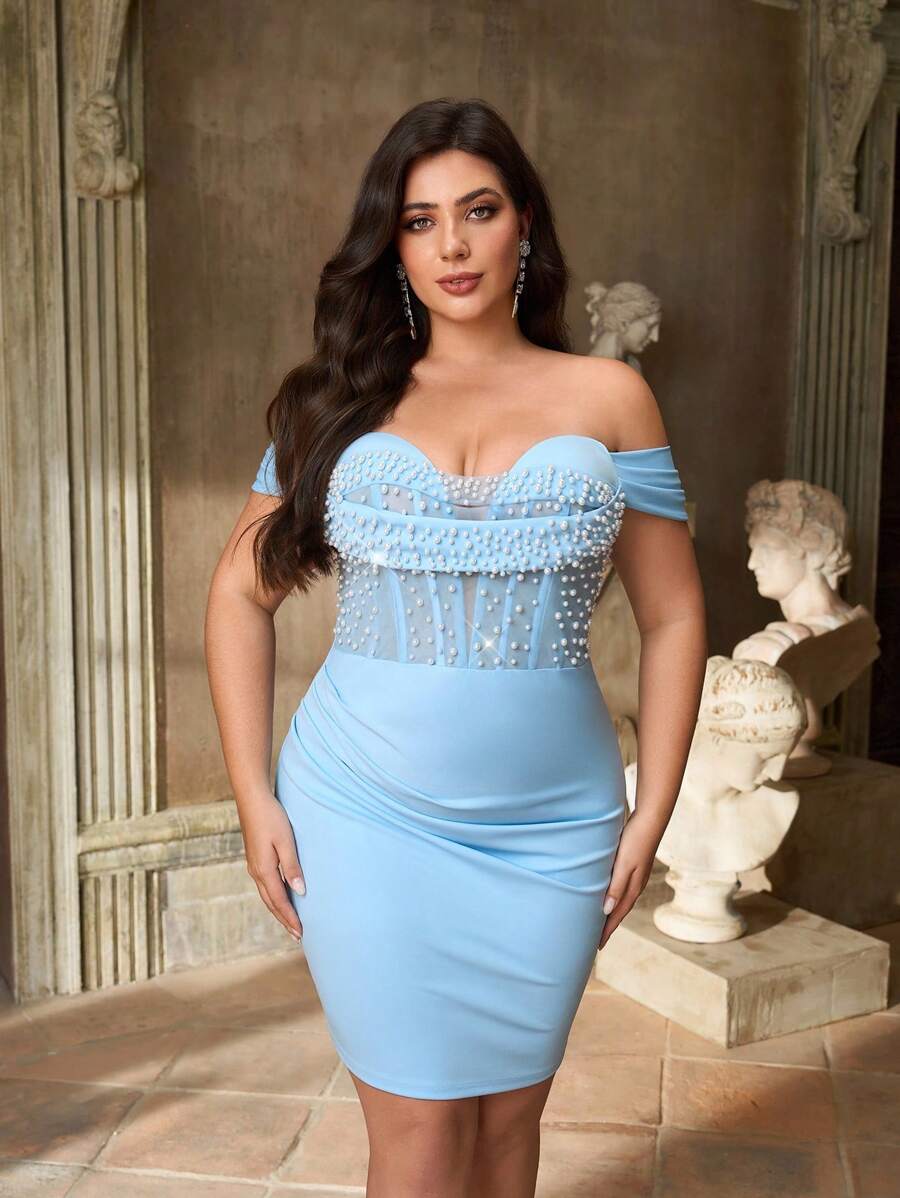 Aureia Váy dự tiệc sang trọng trễ vai đính hạt vi tính màu xanh nhạt cỡ lớn bằng vải dệt kim viền đuôi cá - Màu xanh nhạt - Xem 1