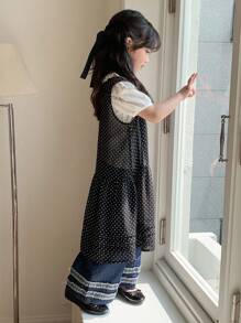 Dazy Kids Young Girl Polka Dot Print Ruffle Hem Sleeveless Dress - Black - View 8