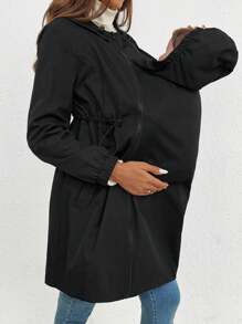 SHEIN Maternity Solid Color Drawstring Hooded 3-In-1 Nursing Jacket - Black - View 6