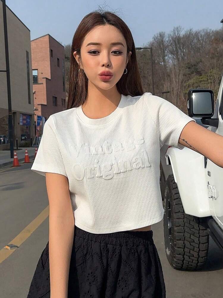 Letter Embossed Ribbed Knit Crop Tee