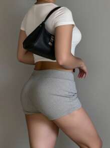INAWLY Plus Size Summer Casual Solid Color Drawstring Low Waist Shorts - Grey - View 2