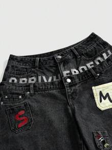 ROMWE Street Life Y2K 街头风格刺绣口袋设计双腰带宽松低腰七分牛仔裤