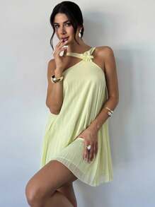 Firerie 女士浅黄色领结花卉装饰褶皱 A 字短裙，浪漫雪纺连衣裙，婚礼派对礼服，春夏装，沙滩装，优雅，性感，度假，海滩，波西米亚风，夏威夷风，音乐节，浪漫，约会，派对，婚礼季，毕业典礼，舞会，表演服装，音乐会 - 黃色 - 查看 4