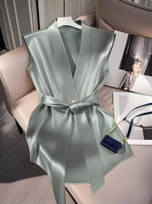 SHEIN Clasi Women's Elegant Tie-Up Waist Layered Sleeveless Blouse Top, Office Wear, Spring/Summer - Green - View 1