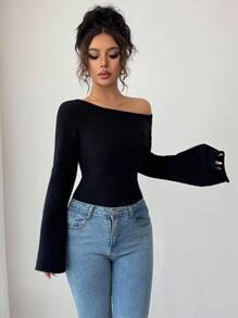Elenzga Sweater Lengan Lonceng Warna Polos Kasual untuk Wanita, Pakaian Musim Gugur dan Musim Dingin untuk Wanita - Hitam - View 4