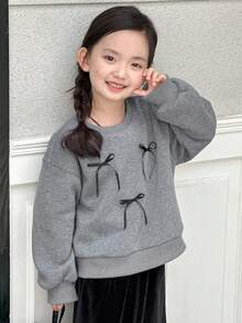 DAZY 女童圆领蝴蝶结吊带韩版长袖卫衣，春秋季 - 灰色 - 查看 3