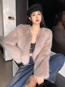 DAZY 修身时尚又充满活力的百搭蓬松女式外套 - 卡其色 - 查看 6