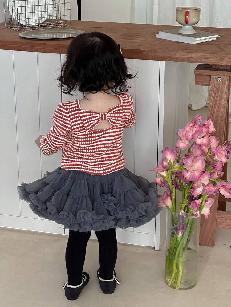 Baby Girl Striped Cute Bow Long Sleeve Top, Korean Style