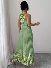 SHEIN Elenzya 女式夏季优雅花卉宽松露背连衣裙 - 軍綠色 - 查看 2