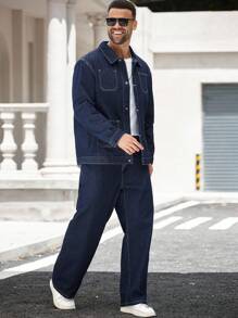 Manfinity Homme 大码男士街头风格休闲抗皱、耐用、防污口袋深蓝色牛仔西装，秋季服装 - 深色水洗藍 - 查看 3