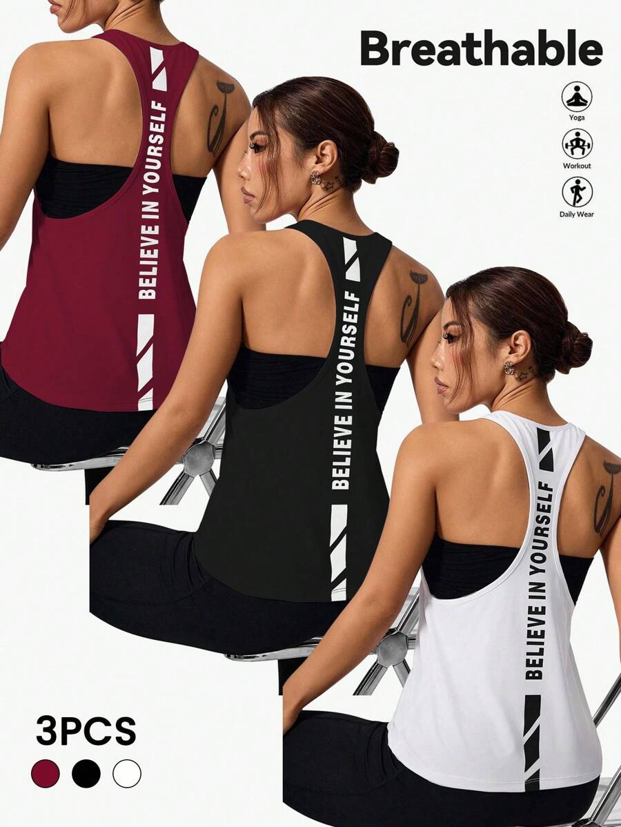 Velisys 3件套女士宽松无袖圆领蝴蝶结设计运动上衣，印有标语，适合日常休闲穿着、跑步、瑜伽、健身。 - 彩色 - 查看 1