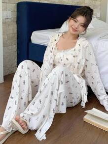 Dazy Plus 3件套加大码女式碎花吊带背心、宽松睡袍和松紧腰裤睡衣套装，秋冬服装 - 杏色 - 查看 6