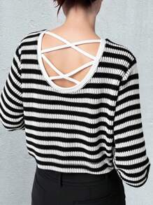 FRIFUL 女士条纹撞色圆领露背交叉带宽松短袖T恤，夏季