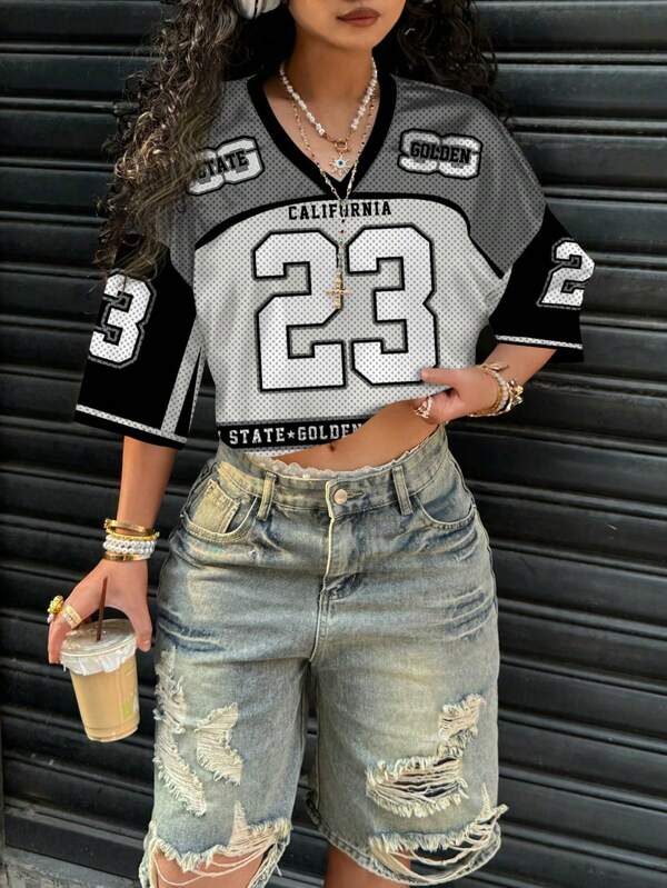 Slaydiva Camiseta holgada de malla con cuello en V y estampado de letra 23#, adecuada para el verano y los deportes