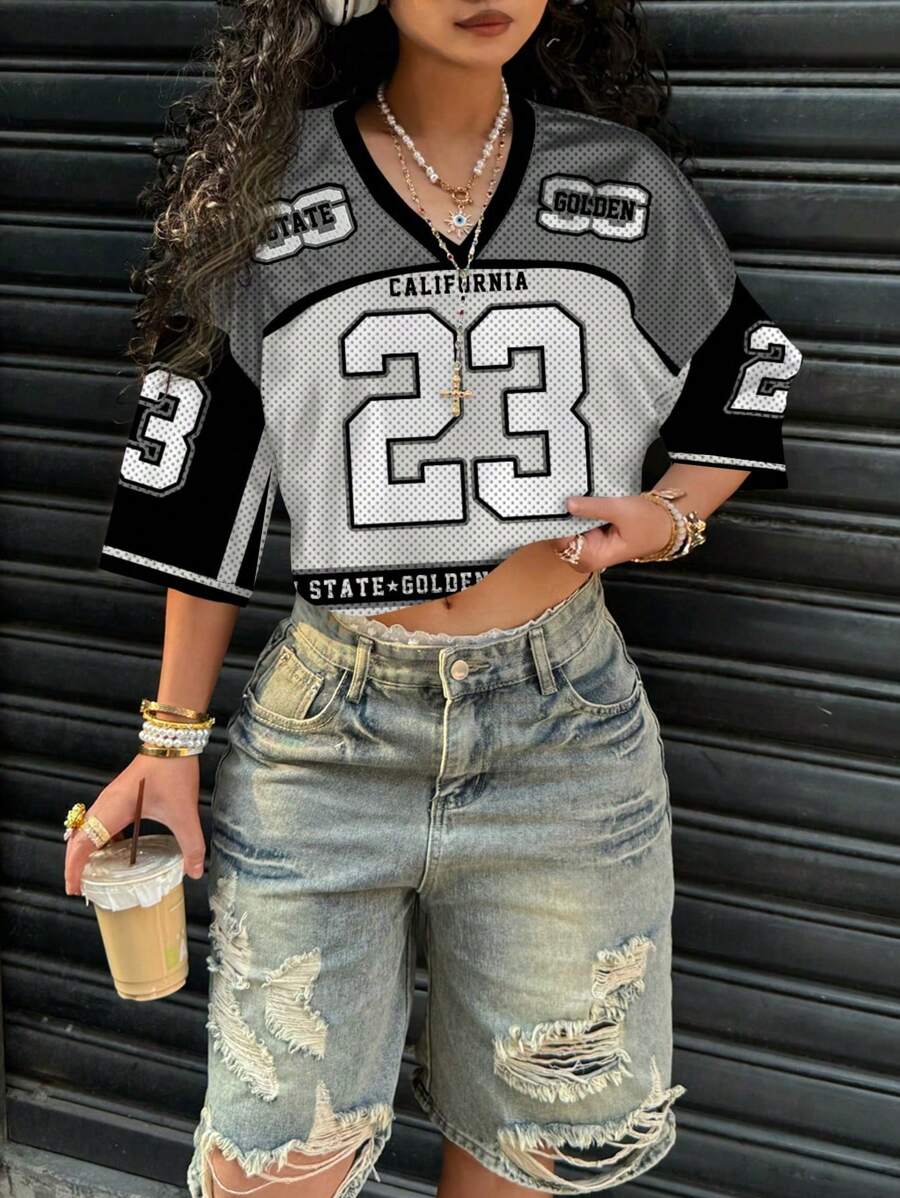 Slaydiva 女士休闲23#字母图案V领宽松短款5袖网眼T恤，适合夏季运动比赛 - 彩色 - 查看 1