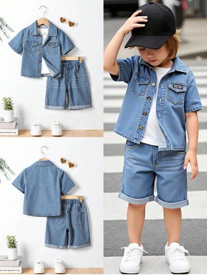2 件套复古水洗牛仔青年男童休闲街头服饰套装 - 短袖 T 恤和松紧腰卷边短裤