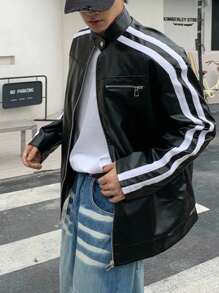 Manfinity Dauomo Áo khoác da PU phối màu có khóa kéo phía trước dành cho nam, phong cách Xuân Thu, thập niên 2000, phong cách Grunge - màu đen - Xem 2