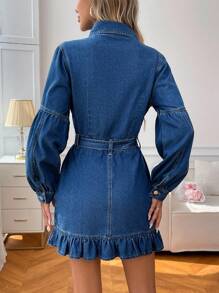 SHEIN Tall 高腰女式时尚休闲荷叶边长袖牛仔连衣裙