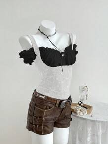 SHEIN Unity Women's Jacquard Design Off-Shoulder Fashionable Contrast Color T-Shirt - Black and White - View 5