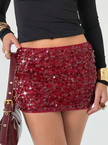 Aloruh 女士低腰亮片紧身迷你裙，适合派对和音乐节 - 酒紅色 - 查看 5