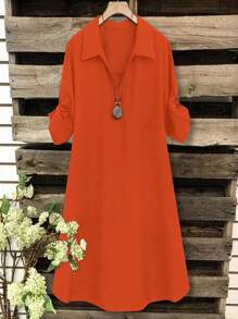 SHEIN Tall CURVE Plus Size Women's French Casual Summer Short Sleeve V-Neck Dress Orange Dress Burnt Orange Dress Collared Dress Orange Tunic Dress Solid Color Dress Plus Size Orange Dress