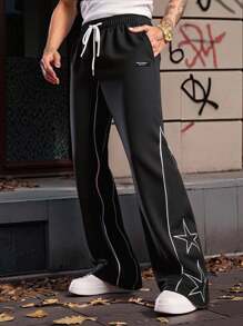 Manfinity Roghcode Men's Pentagram Print Drawstring Waist Loose Fit Pants - Black - View 1