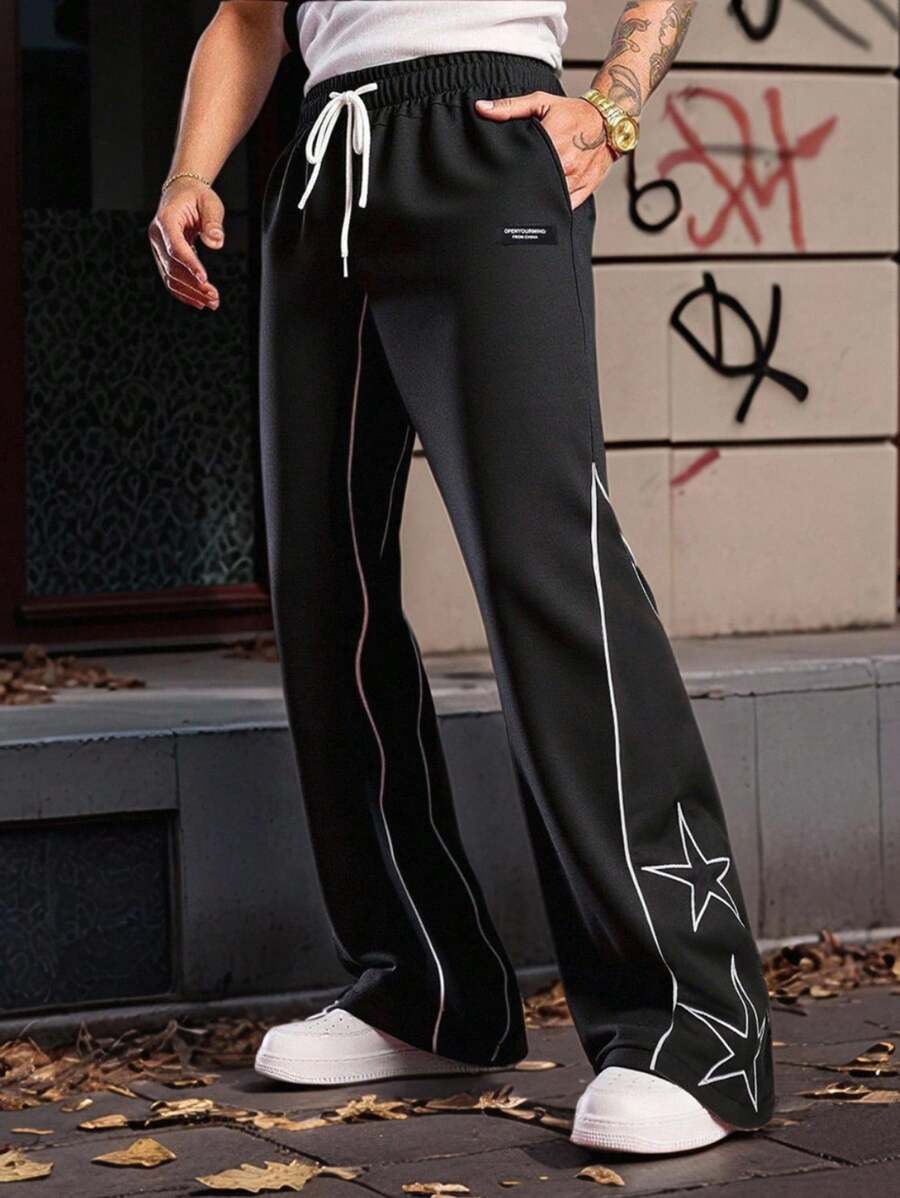 Manfinity Roghcode Men's Pentagram Print Drawstring Waist Loose Fit Pants - Black - View 1