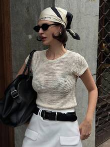 DAZY Blusa de punto de manga corta y unicolor casual para mujer, verano