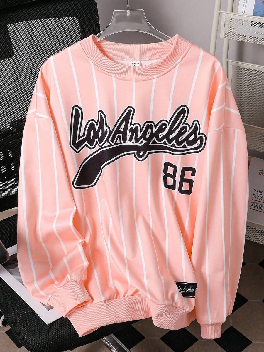 Teen Girl Casual Pullover Sweatshirt, Round Neck Pink Fabric Black Letter Print, Suitable For School, Sports, Commuting, Travel, Can Be Paired With Pants, Sweatpants, Jackets Fall Winter - Pink - View 1