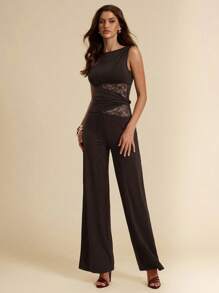 SHEIN BAE Women's Black Elegant Lace Stitching Sincere Extra Long Wide Leg Jumpsuit, Suitable For Daily Dates, Outings, Gatherings, Parties, Elegant Women's Layering, Asymmetric Wide Leg Jumpsuit, Valentine's Day Jumpsuit, Everyday Jumpsuit, Elegant Jumpsuit