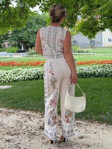 Jeta Ari 2pcs Women Casual Floral Print Tied Front Sleeveless Shirt And Pants Set