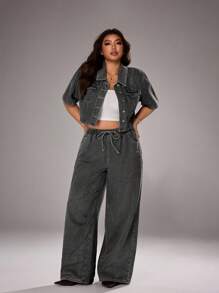 SHEIN ICON 大码女式短袖单排扣时尚水洗深色牛仔夹克 - 灰色 - 查看 4