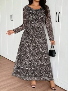 SHEIN Frenchy Plus Size Women's Hooded Tie Dye Print Maxi Dress, Elegant Loose Soft Mesh Fabric High Elasticity, Beige, Autumn, Wedding Guest Casual Fashionable - Multicolor - View 3
