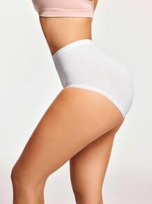 Women's High Waisted White Plain Casual Comfy Fabric High Stretch Briefs - White - View 4