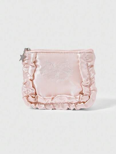 Kawaii Modello: 336027 Borsa trucco in pizzo con chiusura lampo, design multistrato ricamato con coniglio, fiocco, pendente di perle, bordo in pizzo, adatta anche come portamonete, porta fazzoletti, regalo per la mamma