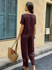 Selianne 2pcs Women Set: Hollow-Out Short Sleeve Crew Neck Blouse + Hollow-Out Casual Long Pants Travel Dark Burgundy Summer - Burgundy - View 2