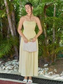 Andrea Bello Vestido camisola plissada com cordão e textura de damasco, solto e emagrecedor, estilo férias, sem mangas - Luz amarela - Ver 1